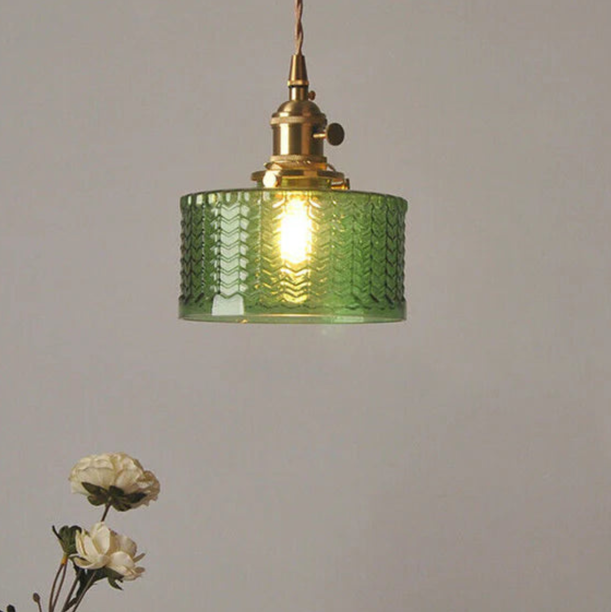 Vintage Elegant Textured Glass Brass Hanging Pendant Light