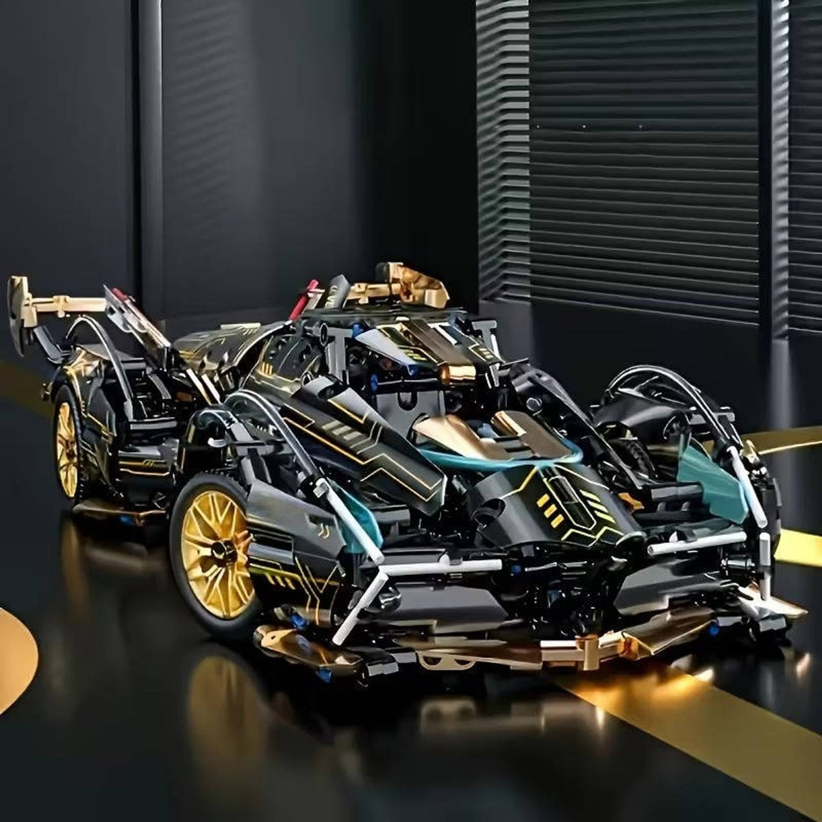Black and gold building block supercar from the front