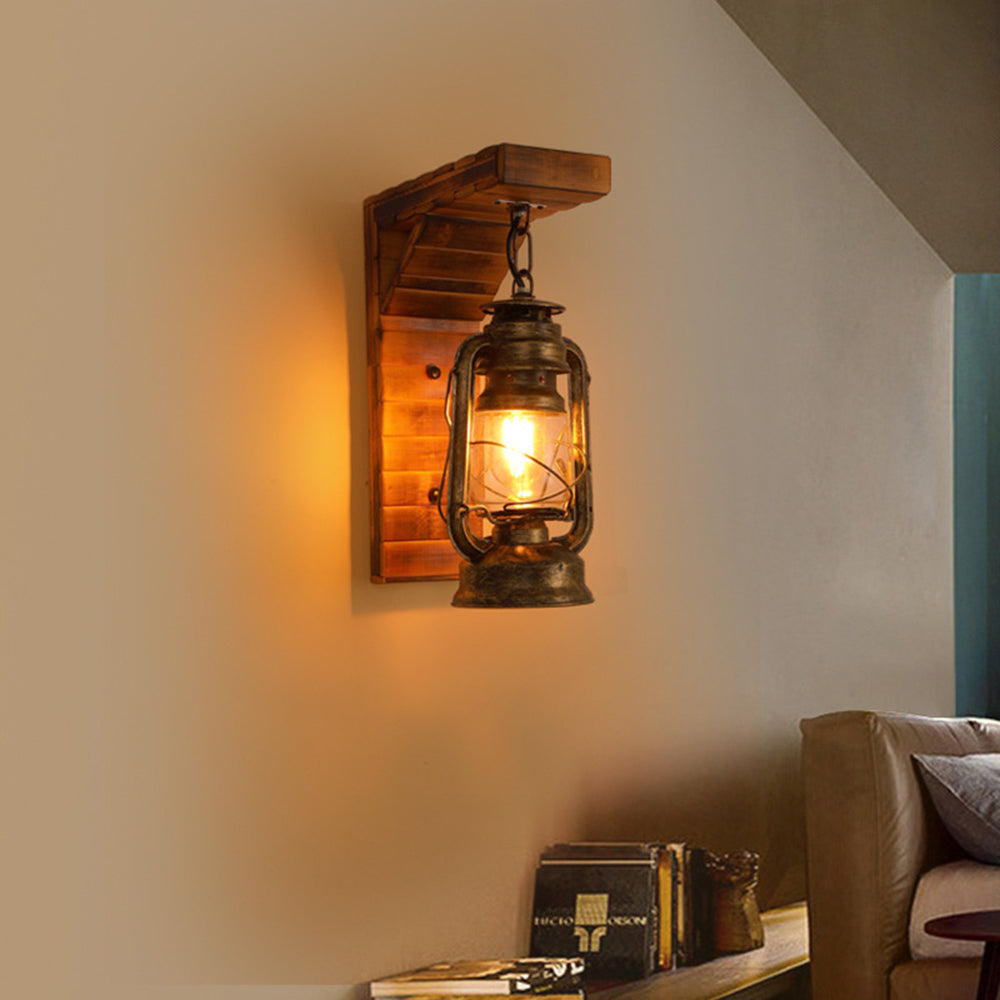 Rustic Pine Metal Lantern Wall Wall Lamp
