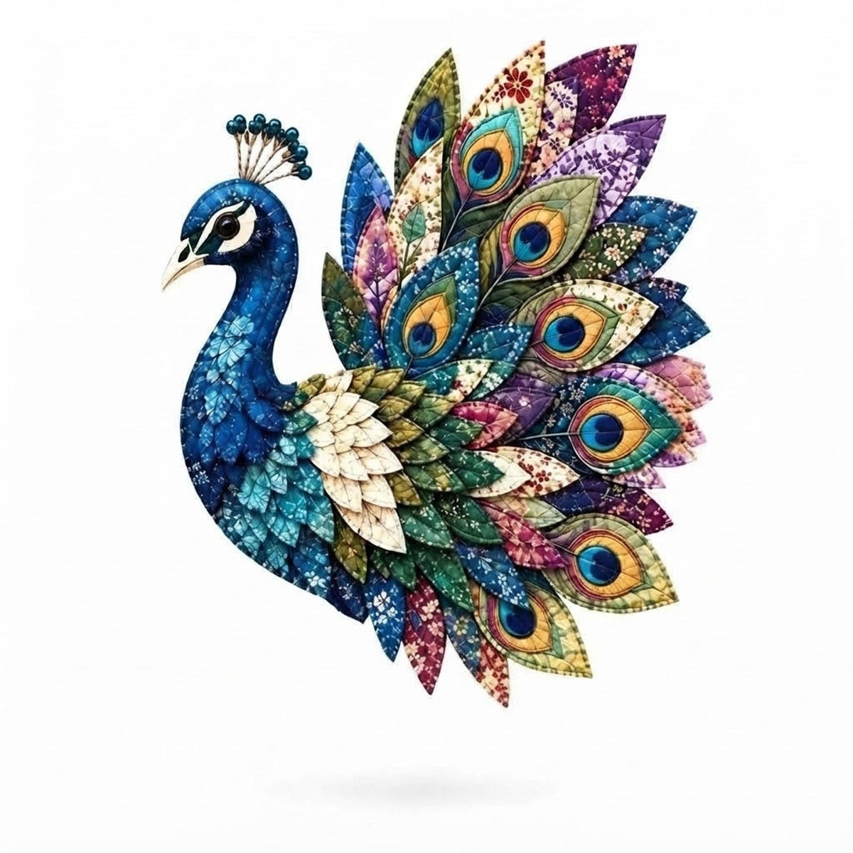 Peacock fabric bird design with layered tail