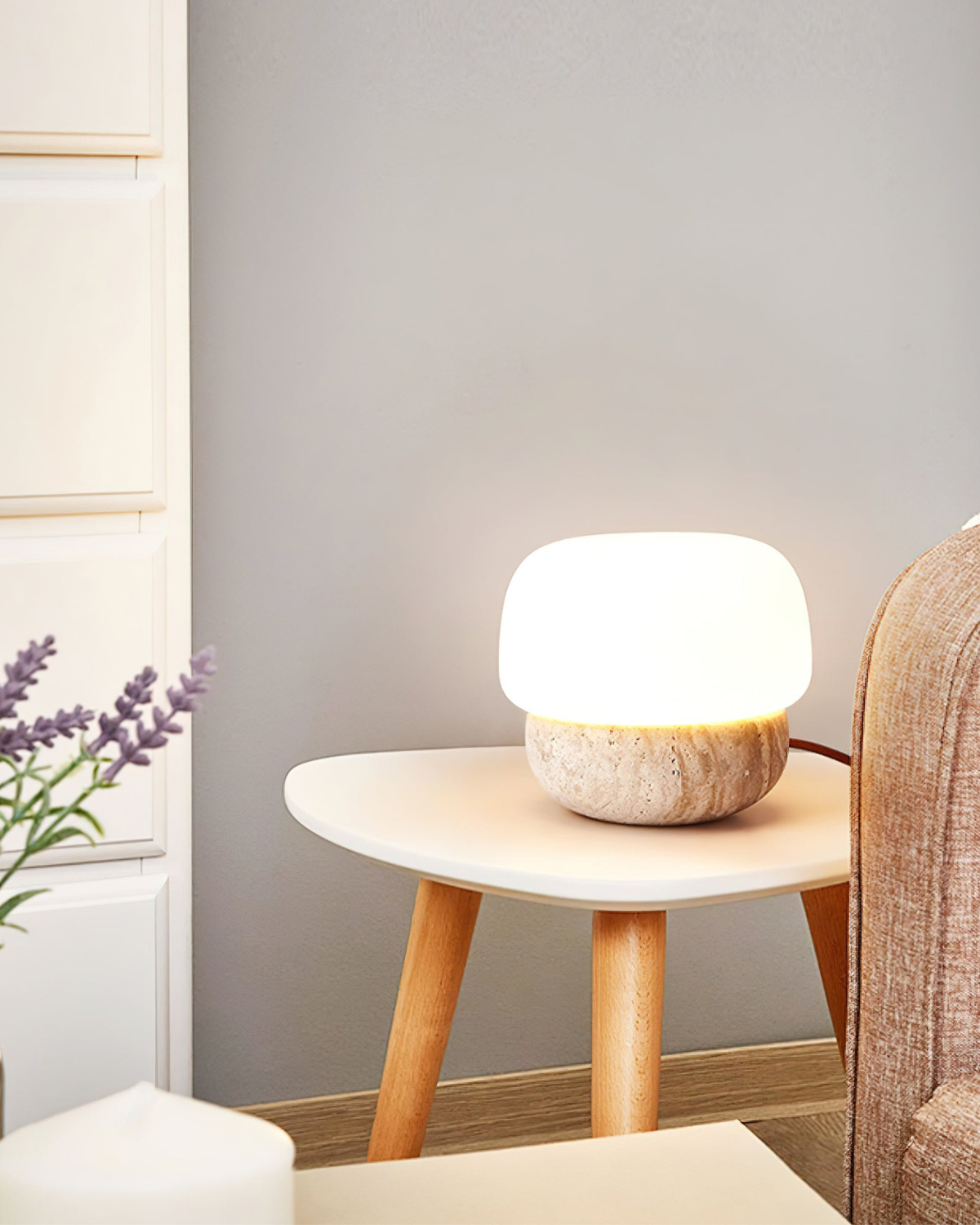 Modern Mushroom Travertine Base Opal Glass Nightstand Table Lamp
