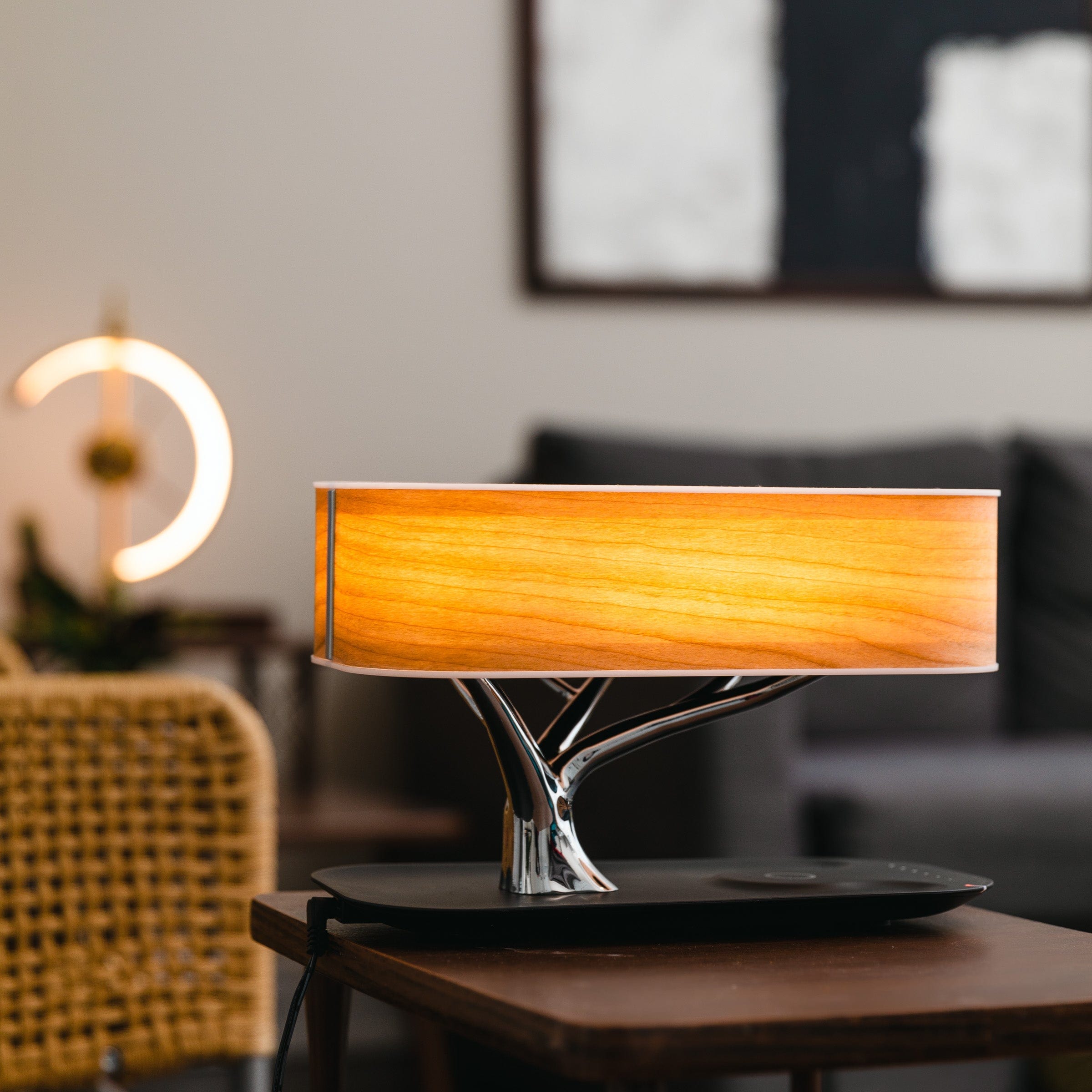 Modern Bedside Table Lamp for Bedroom - Touch Control - Natural Wood-Effect Shade