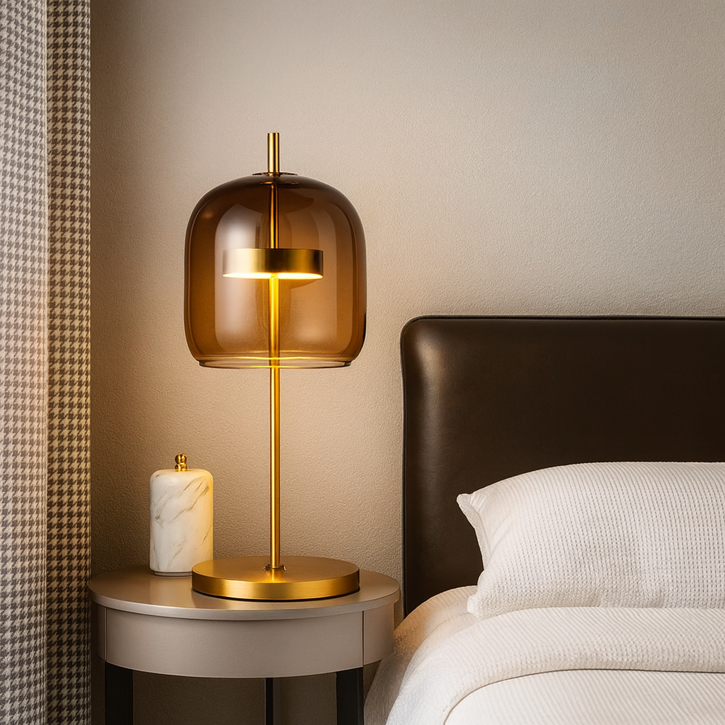 Vintage Bedside Table Lamp for Bedroom - Stained Glass Shade - Iron Base