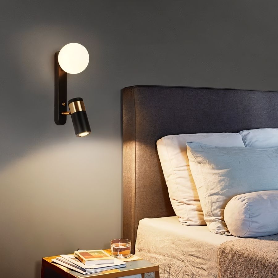 Dual Light Bedside Wall Lamp – Glass Globe & Adjustable LED Reading Spot