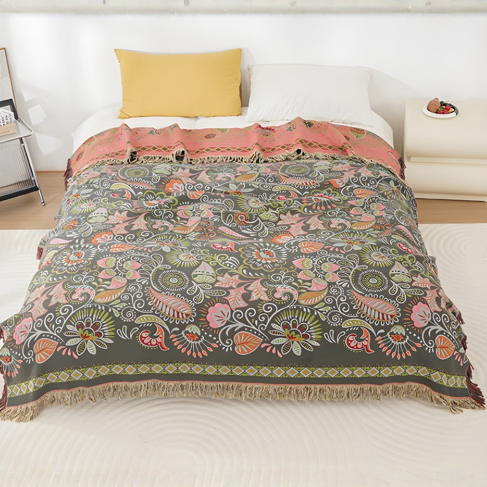 Midnight Leaf dark cotton throw with pink reverse