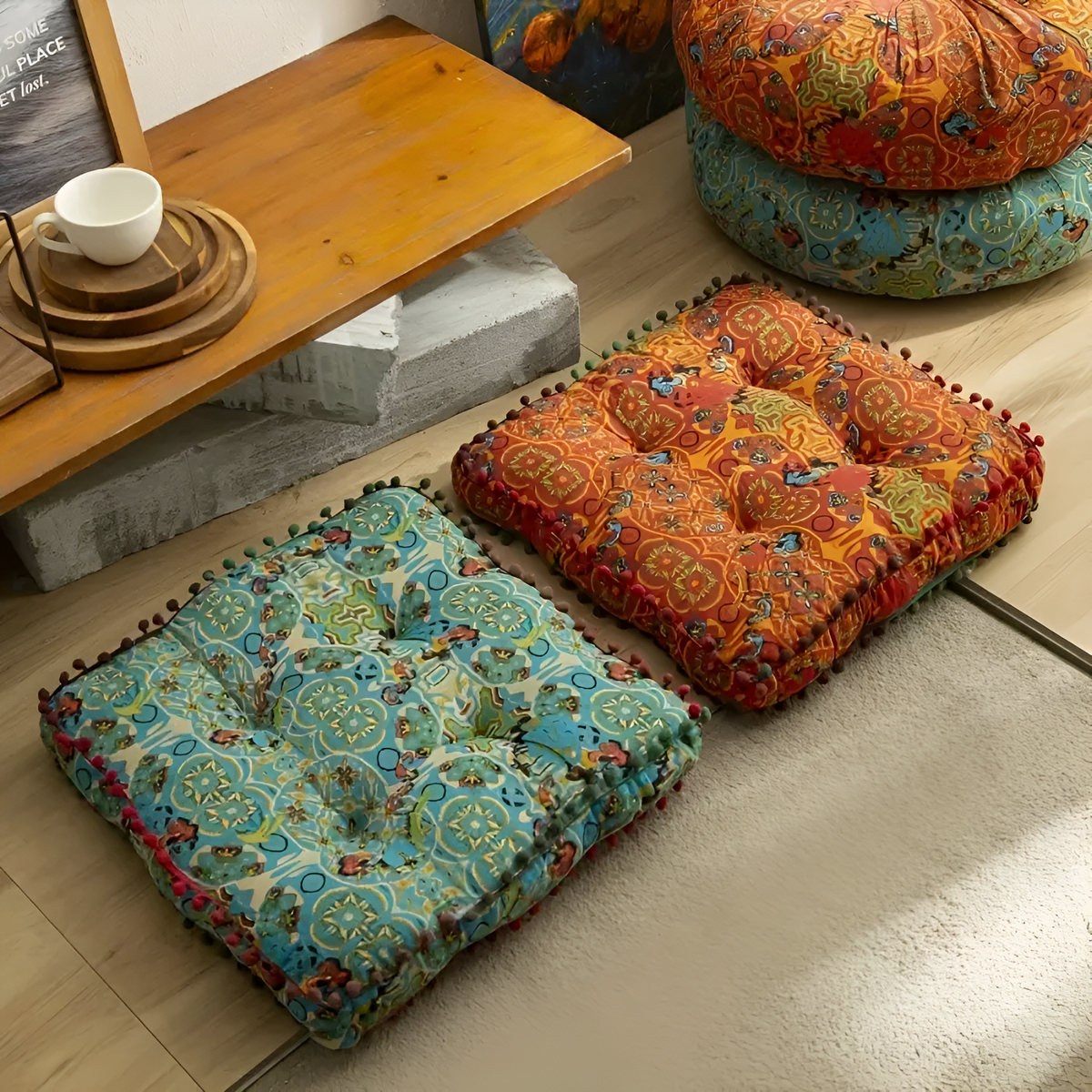 Square patterned floor cushions on a rug