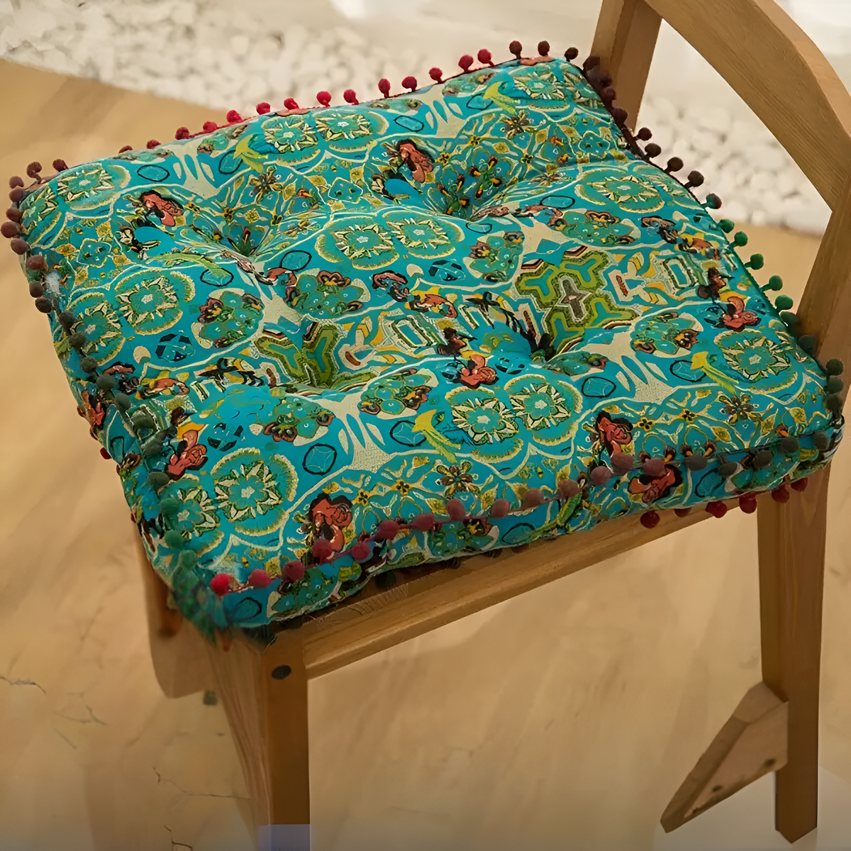 Blue square geometric cushion on a chair