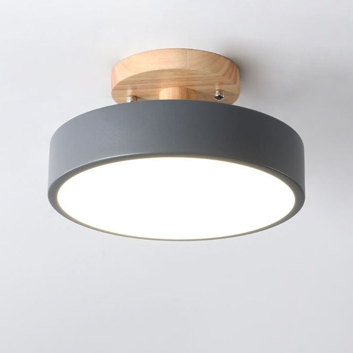 Modern Round Semi Flush LED Ceiling Light – Wood Accent Iron – Hallway & Kitchen