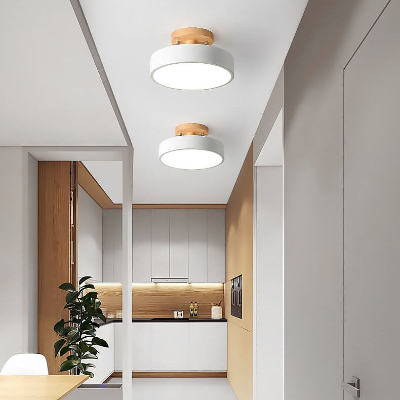 Modern Round Semi Flush LED Ceiling Light – Wood Accent Iron – Hallway & Kitchen