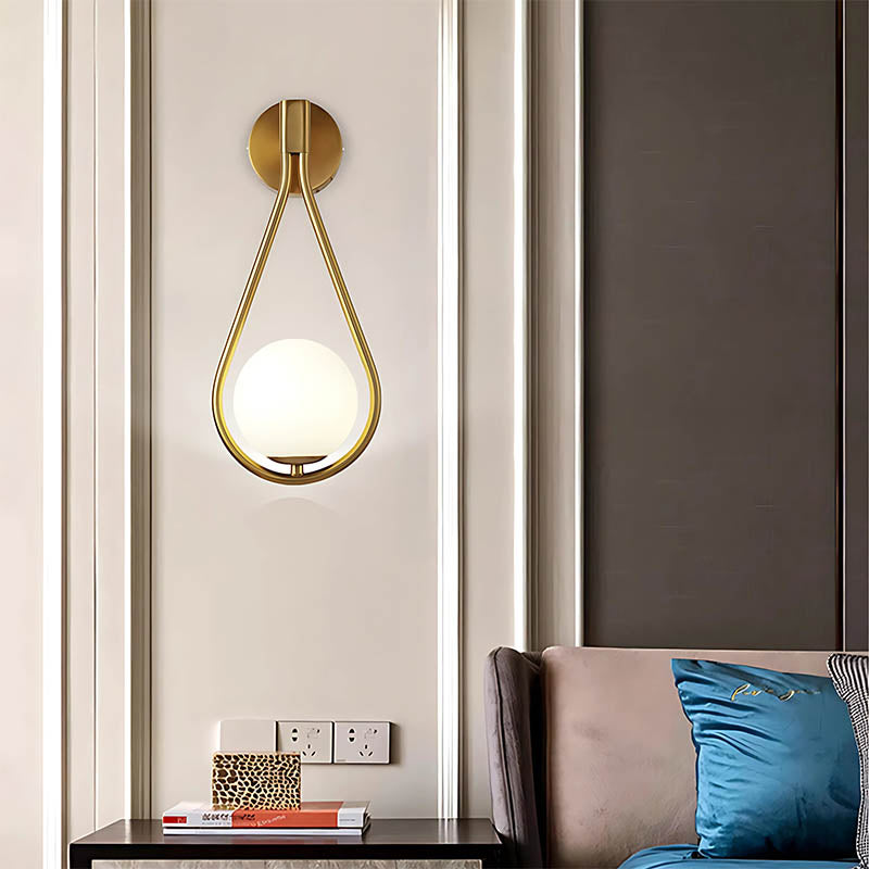 Nordic Brass Frosted Glass Globe Wall Light – Modern Drop – Bedroom Hallway