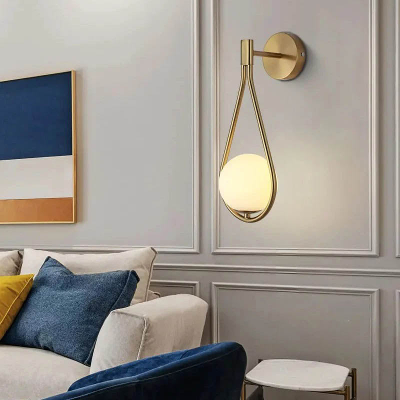 Nordic Brass Frosted Glass Globe Wall Light – Modern Drop – Bedroom Hallway