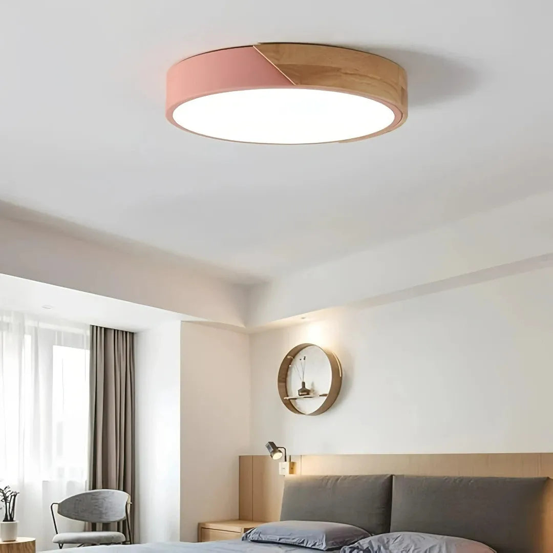 Scandinavian Round Wood and Metal LED Ceiling Light