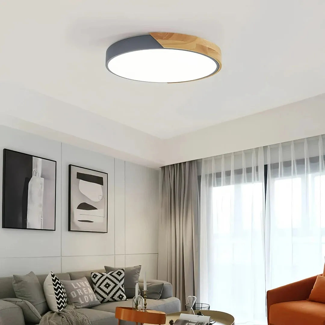 Scandinavian Round Wood and Metal LED Ceiling Light