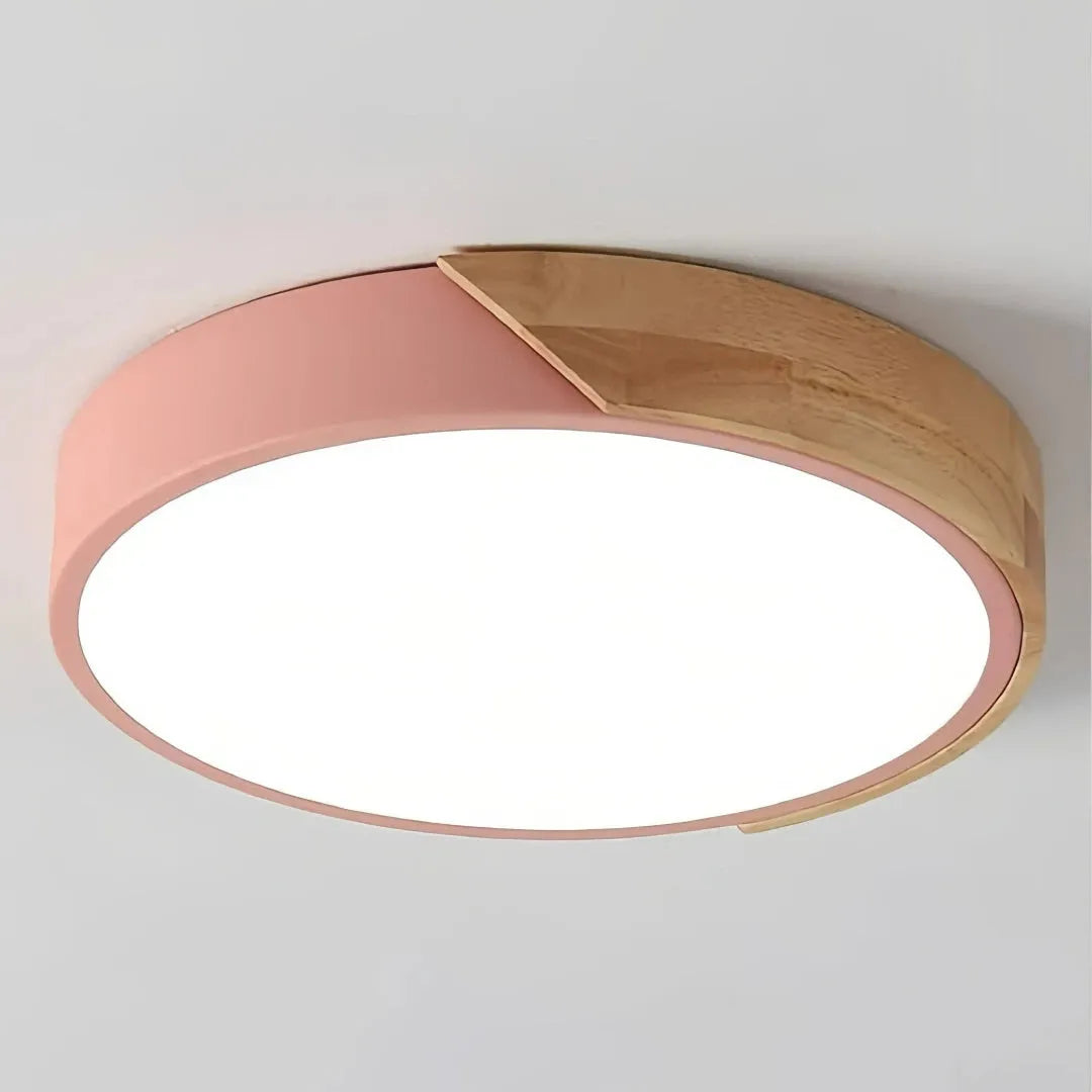 Scandinavian Round Wood and Metal LED Ceiling Light