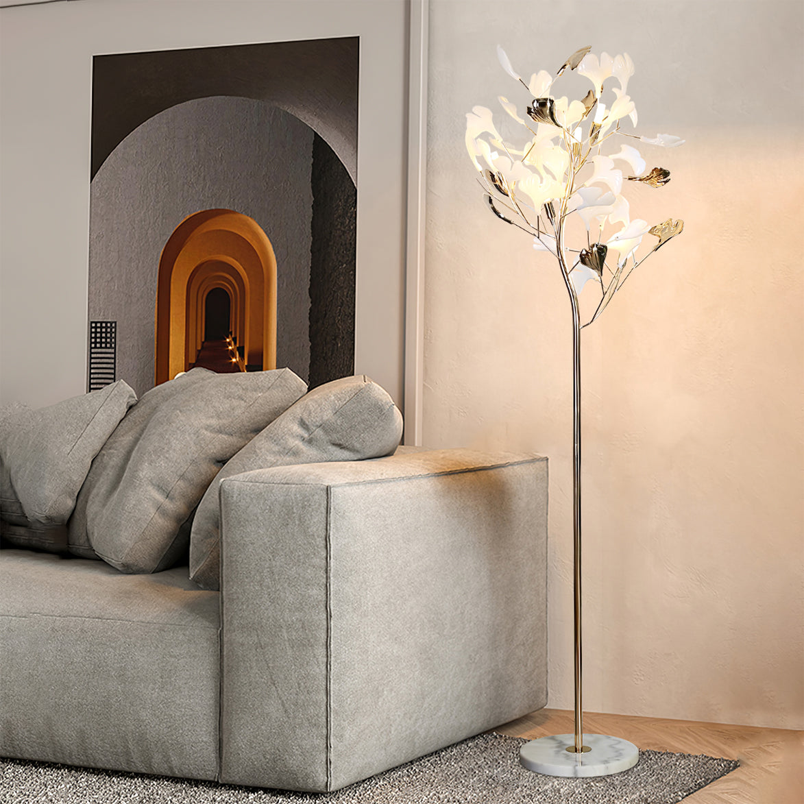 Sculptural Floral Ceramic & Marble Floor Lamp – Foot Switch – Living Room