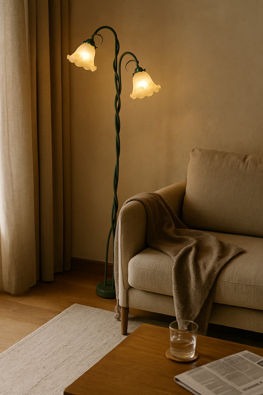 Floral Multi-Light Floor Lamp – Adjustable Green Stems Frosted Shades