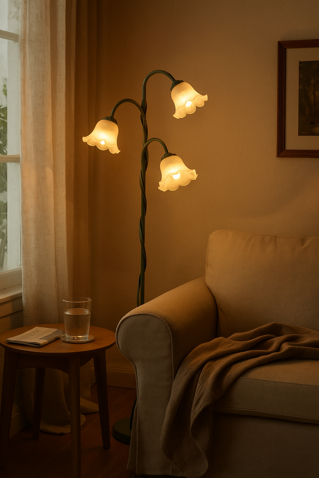 Floral Multi-Light Floor Lamp – Adjustable Green Stems Frosted Shades