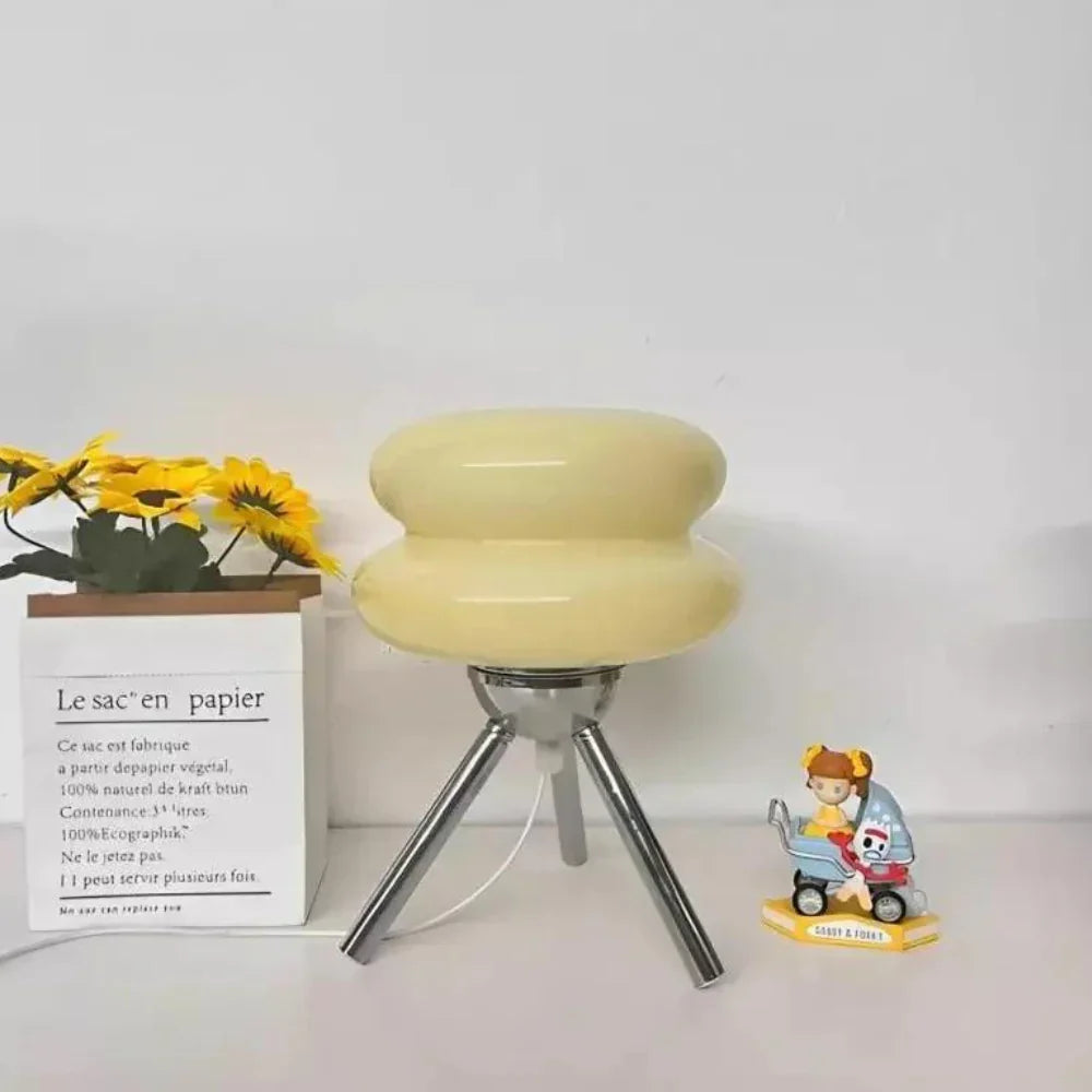 Modern Glass Tripod Table Lamp – Stacked Discs LED Bedside Light – Metal Base