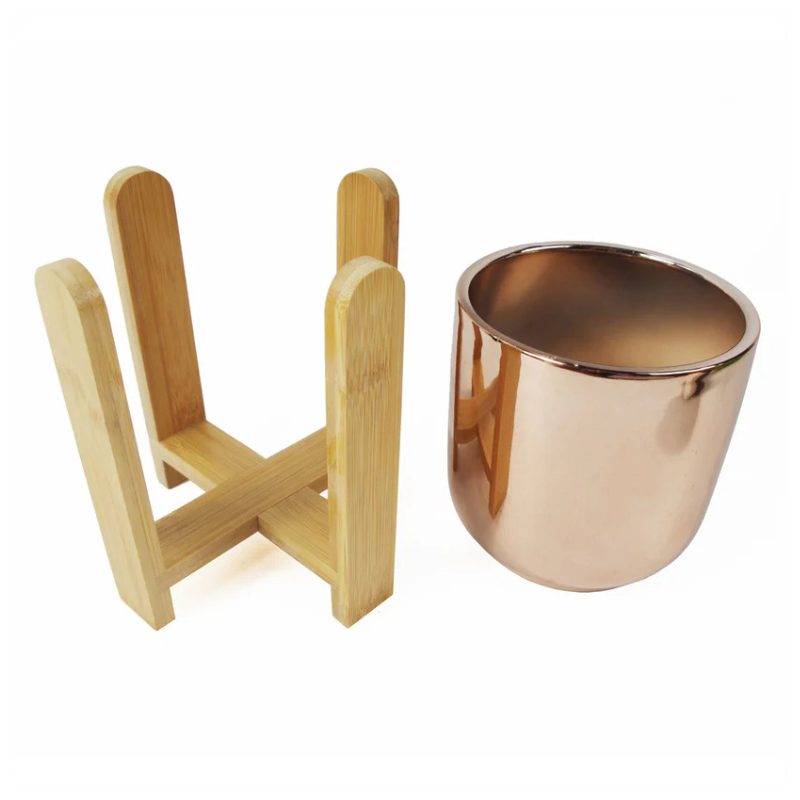 Gold Ceramic Planter with Bamboo Stand