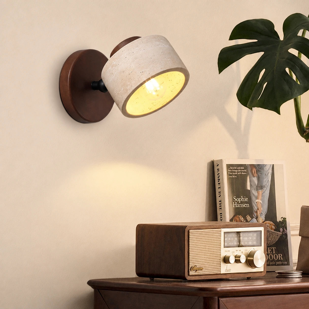 Adjustable Travertine and Wood Wall Light
