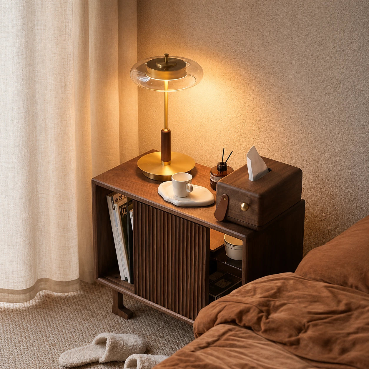 Modern Walnut & Glass LED Table Lamp