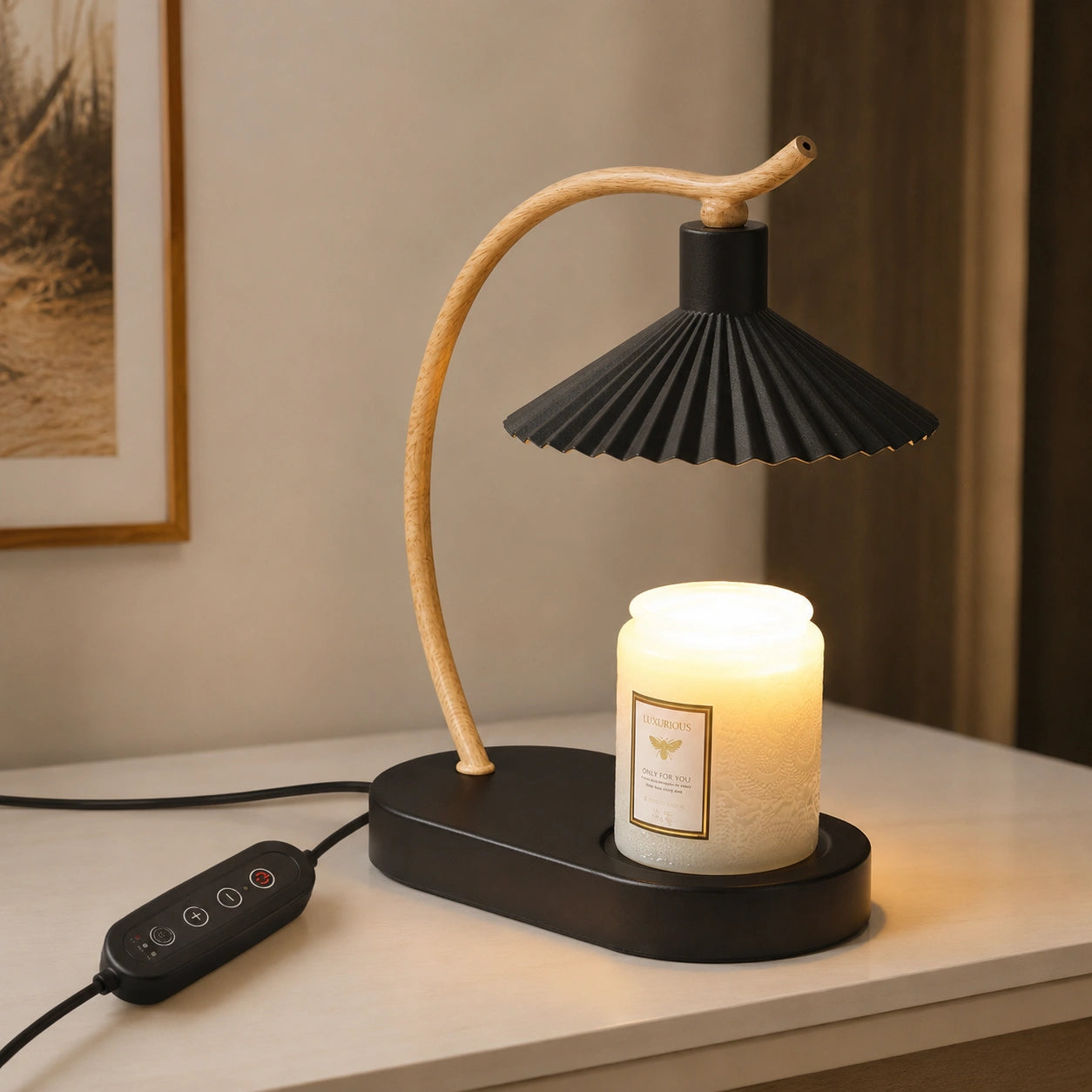 Pleated Candle Warmer Lamp with Wood Base