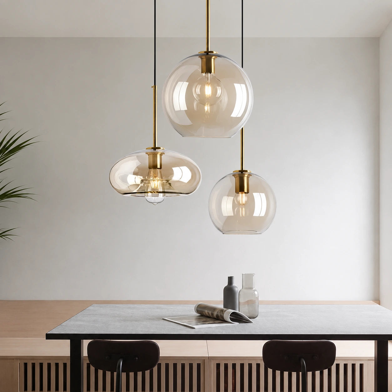 Modern Minimalist Brass & Amber Glass Pendant Light