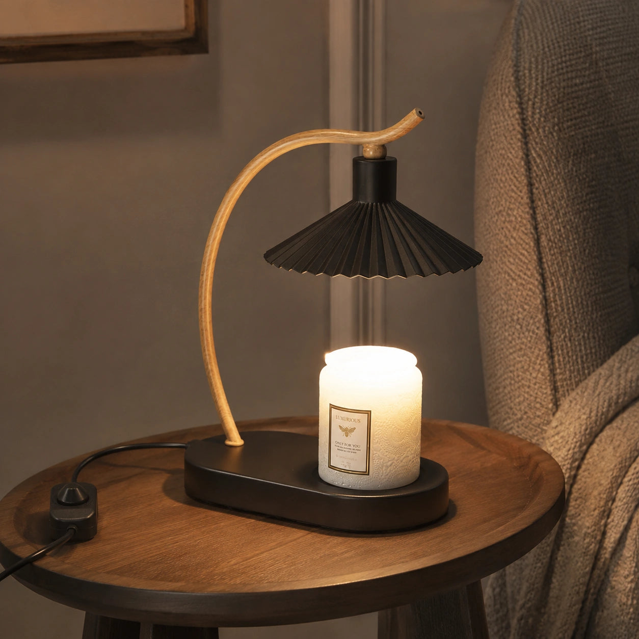 Pleated Candle Warmer Lamp with Wood Base
