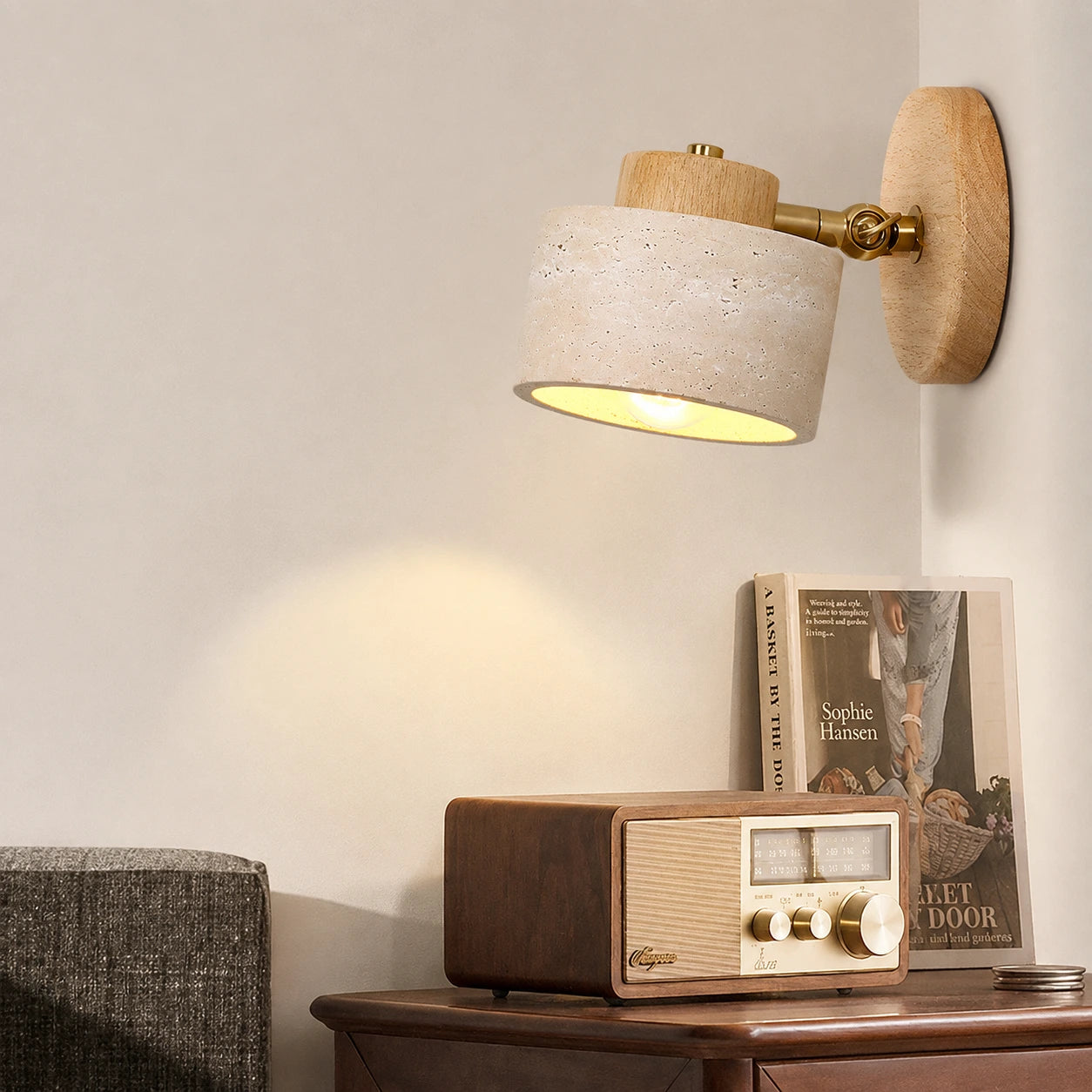 Adjustable Travertine and Wood Wall Light