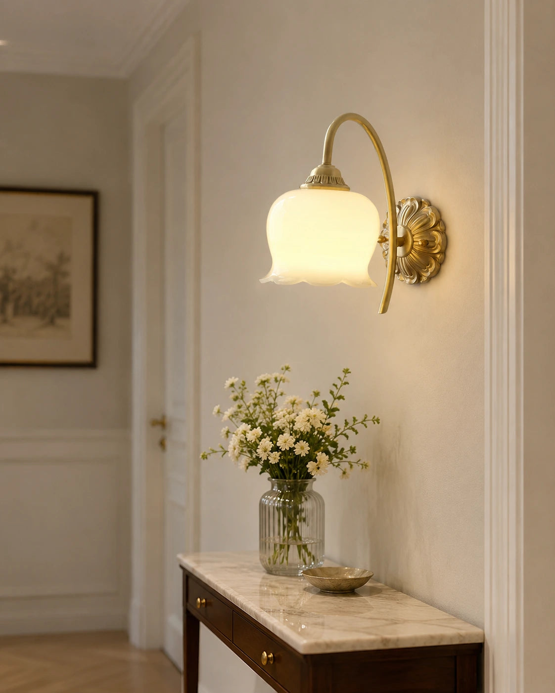 French Vintage Cream Antique Brass Wall Lamp