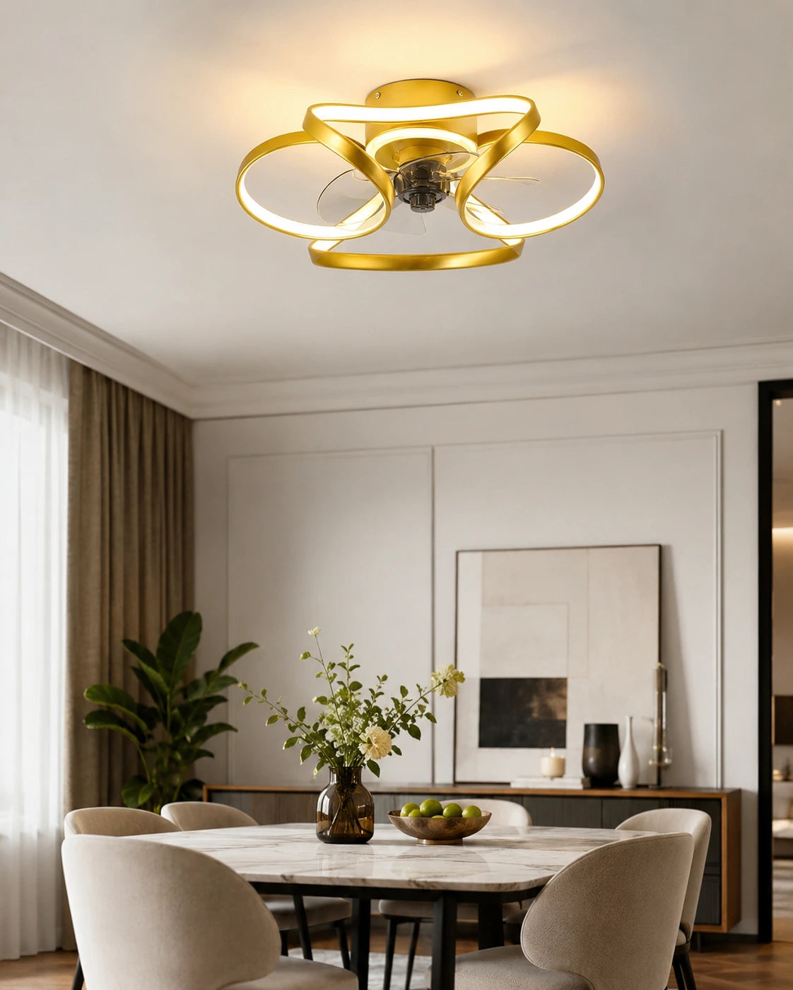 Nordic LED Ceiling Fan Light with Remote Control, 3 Blades, Art Deco Design