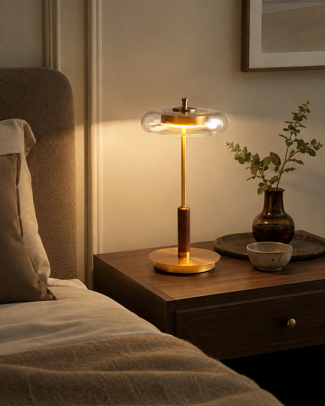 Modern Walnut & Glass LED Table Lamp