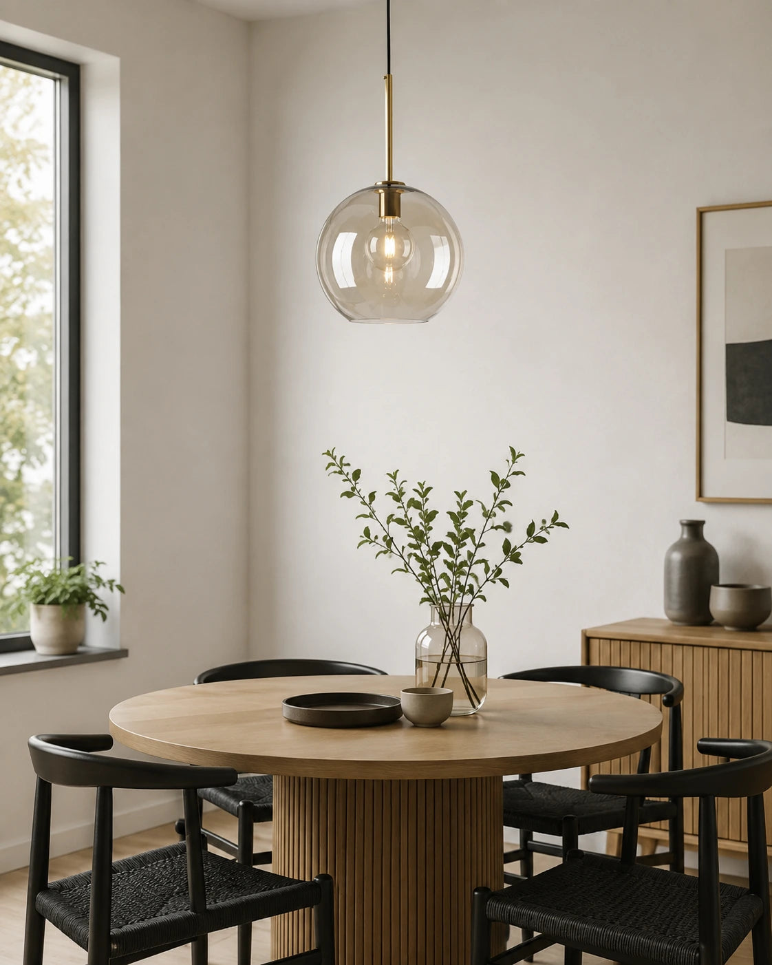 Modern Minimalist Brass & Amber Glass Pendant Light