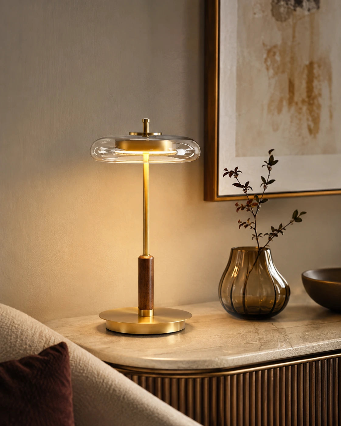 Modern Walnut & Glass LED Table Lamp