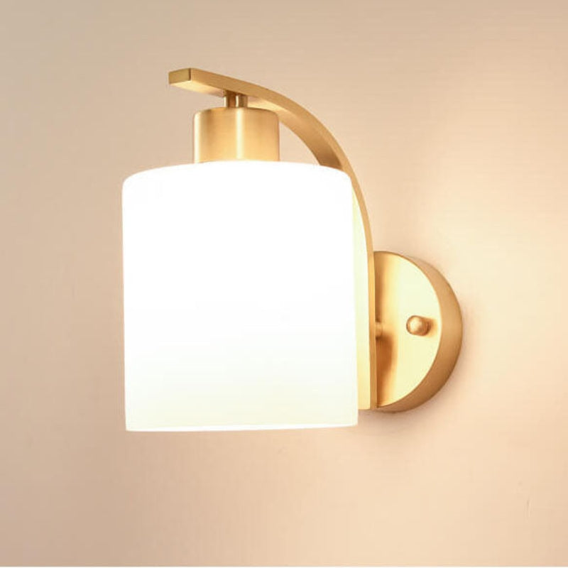 Modern Brass Wall Sconce – Frosted Glass Shade Curved Arm – Bedroom Lounge Hallway