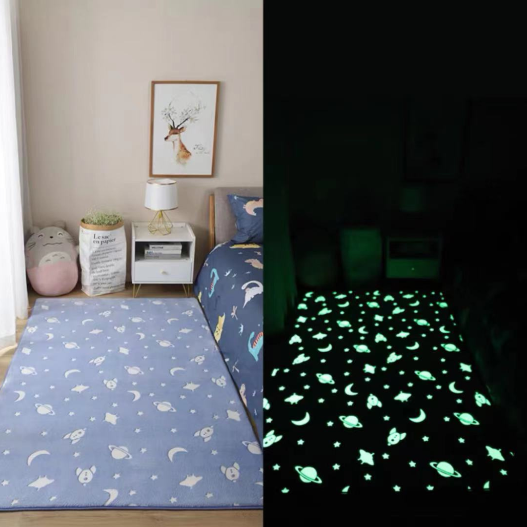 Blue space-themed rug with luminous details