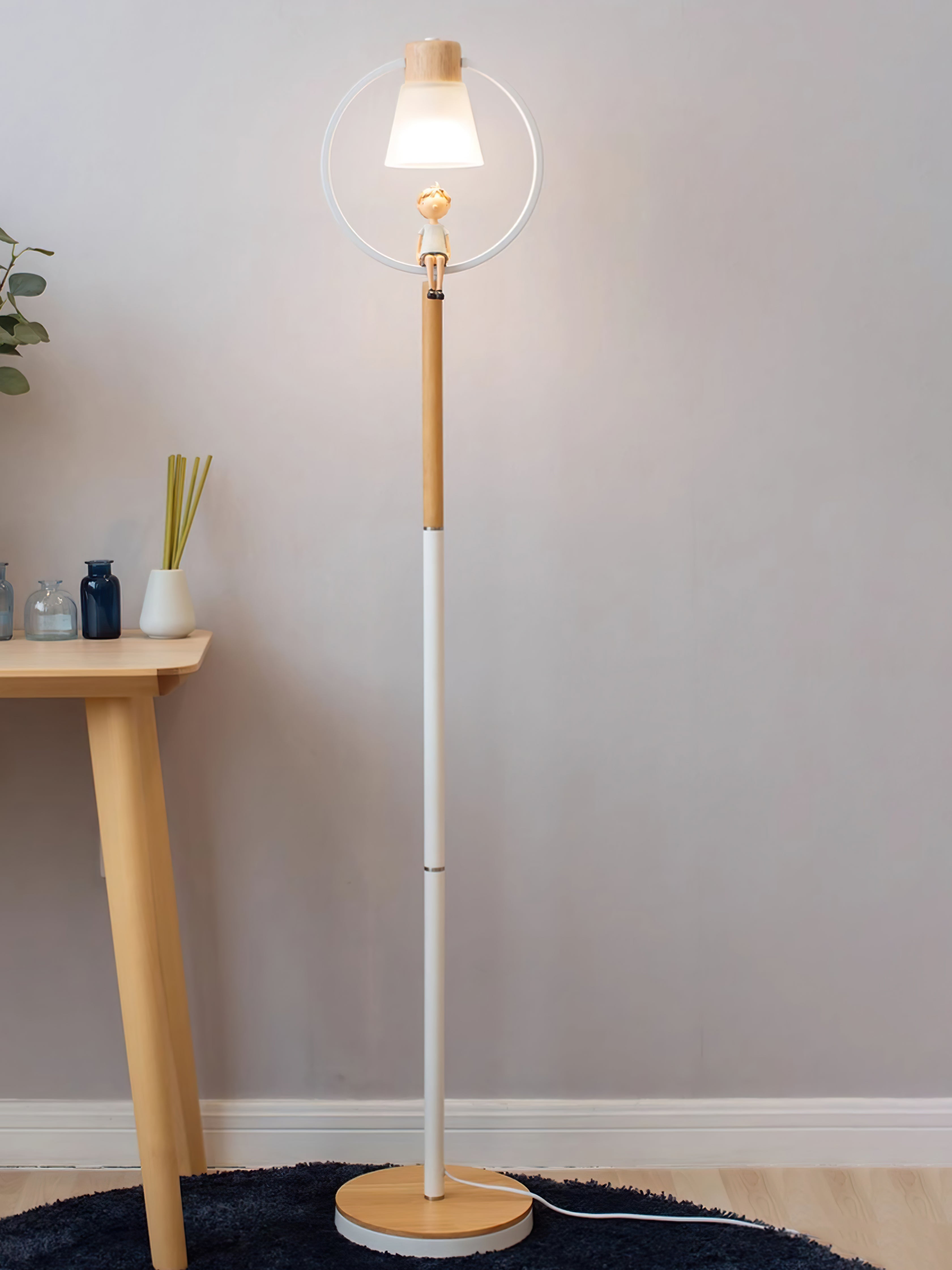 Scandi Wood Metal & Glass Floor Lamp – Foot Switch – Living Room & Lounge