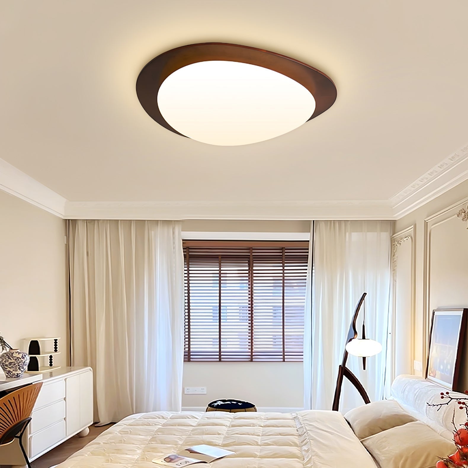 Modern Walnut Wood LED Ceiling Light – Flush Mount Low Profile – Living Room Hallway