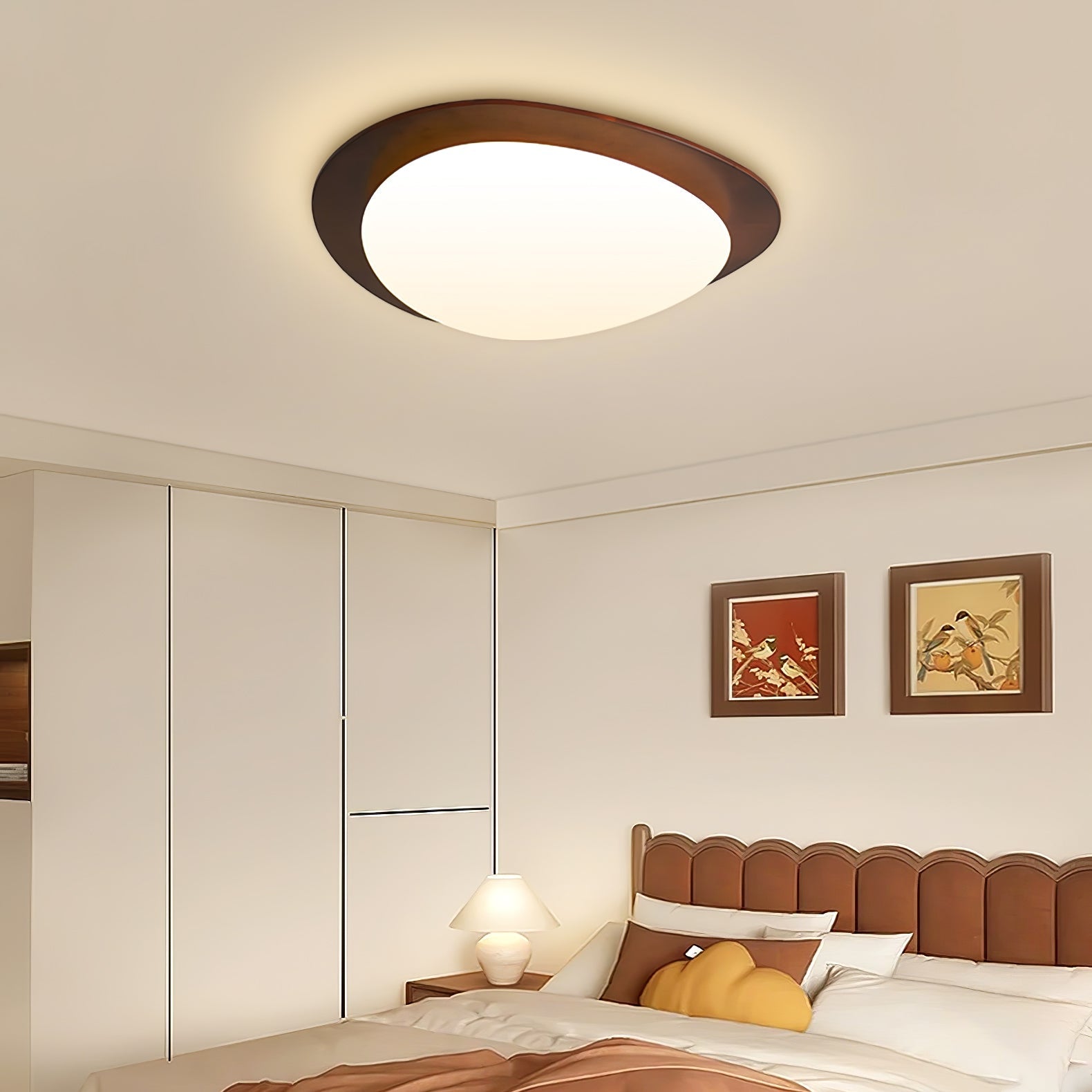 Modern Walnut Wood LED Ceiling Light – Flush Mount Low Profile – Living Room Hallway