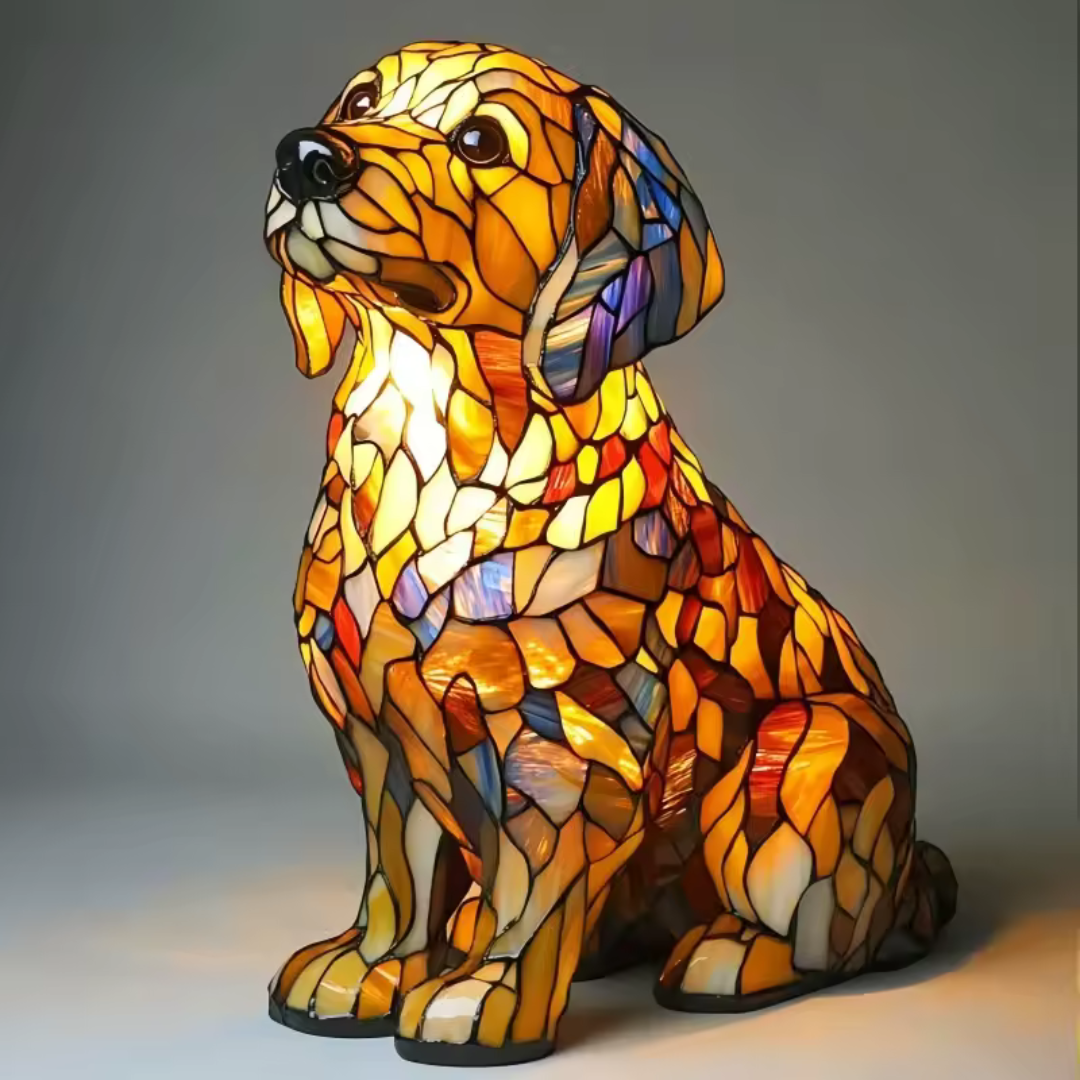 Stained Glass Dog Table Lamp Multicolor Mosaic Decorative Lighting