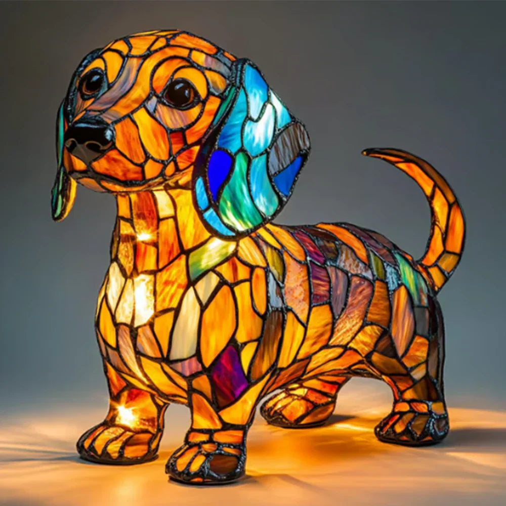 Stained Glass Dog Table Lamp Multicolor Mosaic Decorative Lighting