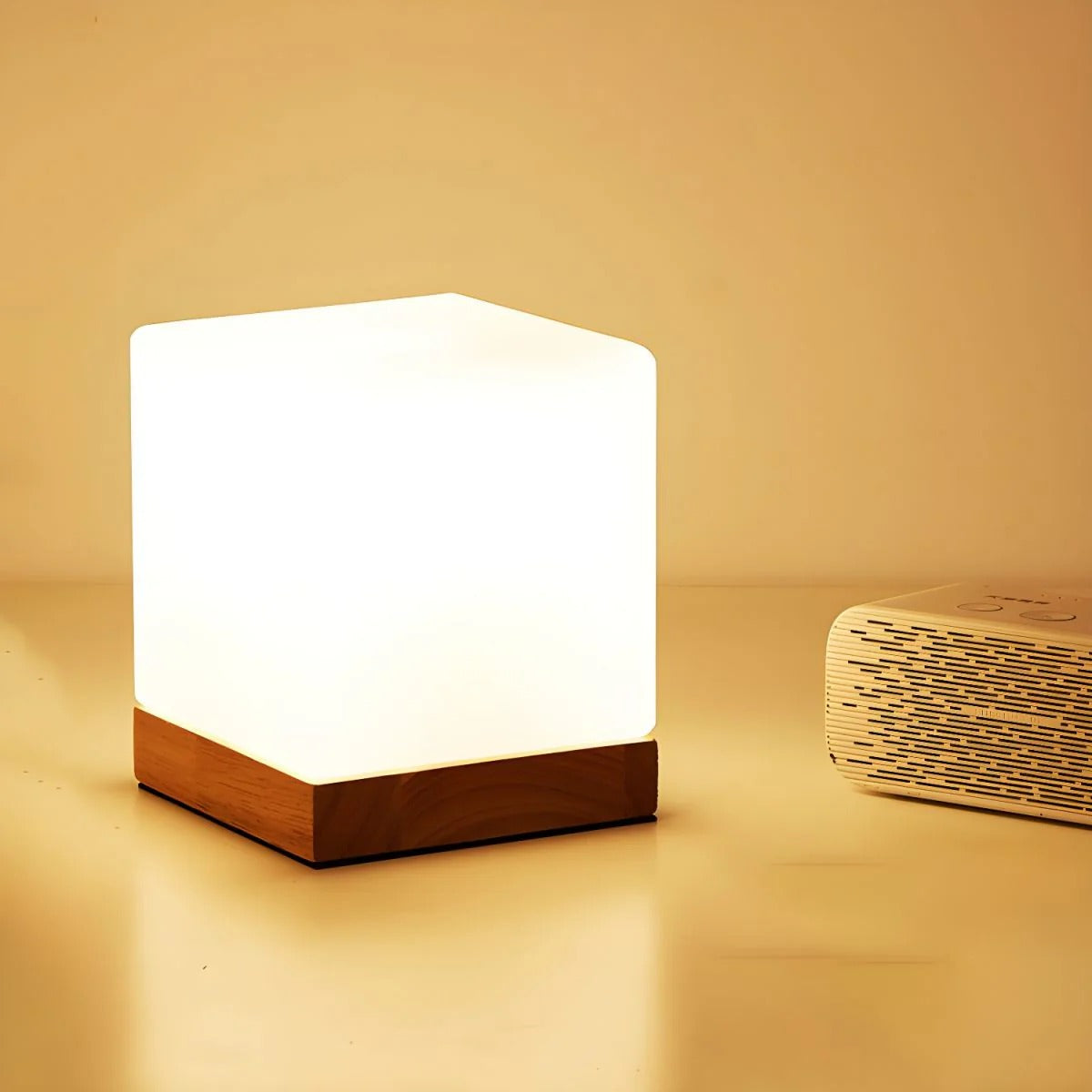 Modern Glass Wood Table Lamp – Minimalist LED Bedside Light – Bedroom Living Room