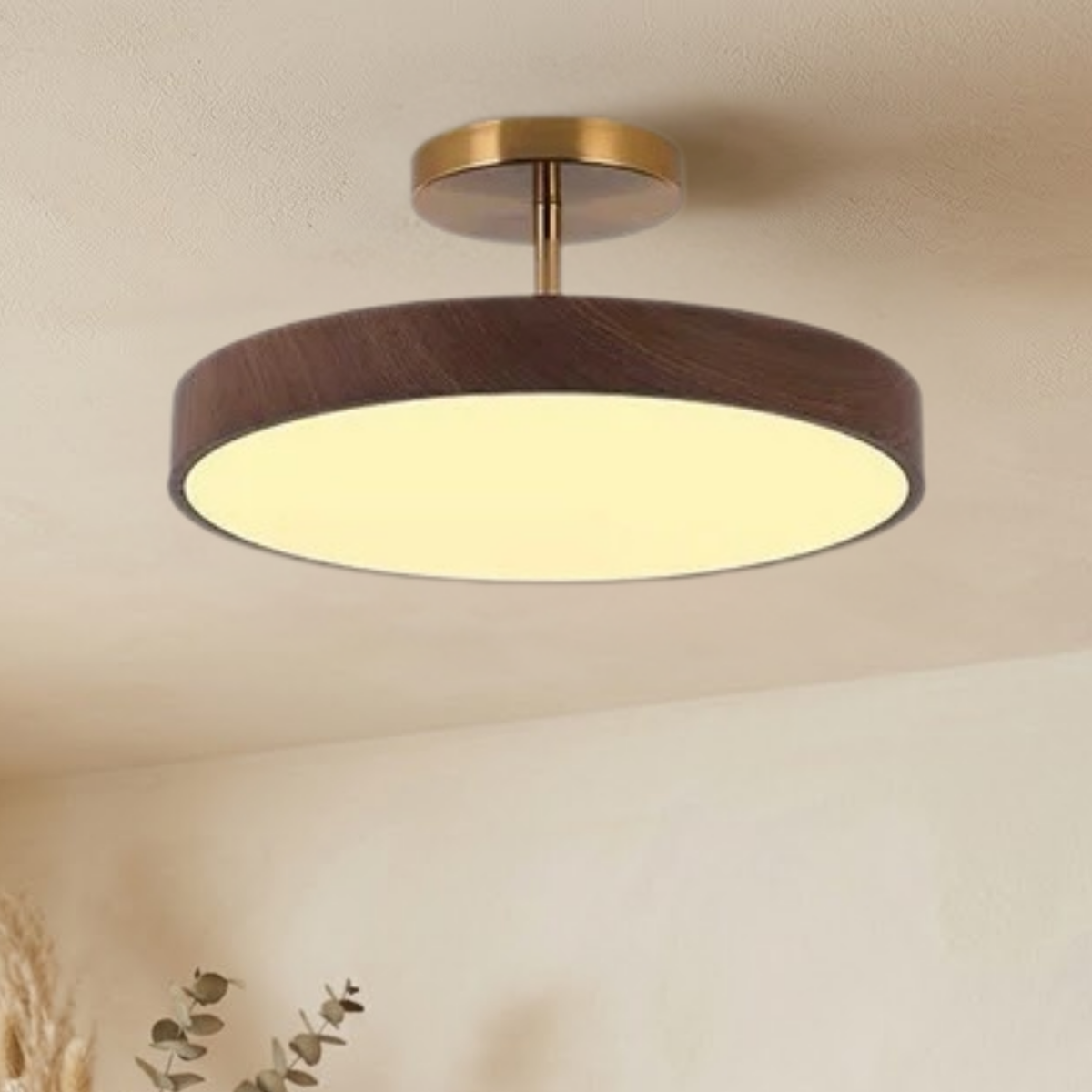 Scandinavian Ceiling Light with Wood and Gold Frame