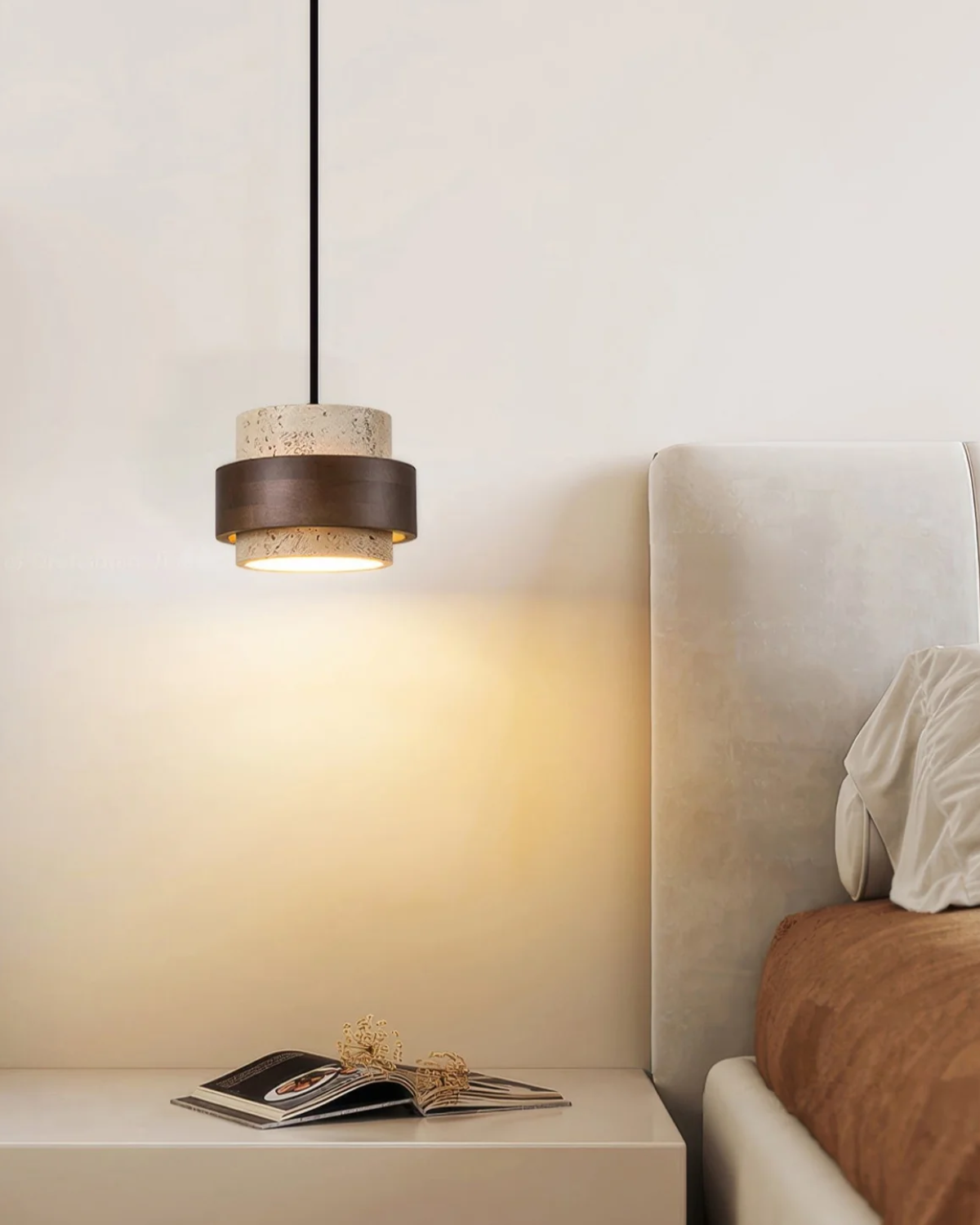 Modern Travertine Shade Walnut Accents Pendant Light