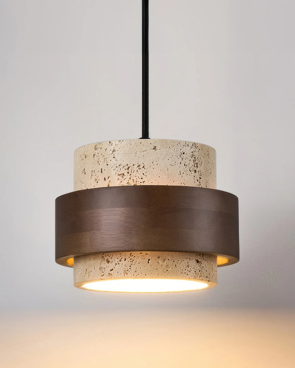 Modern Travertine Shade Walnut Accents Pendant Light
