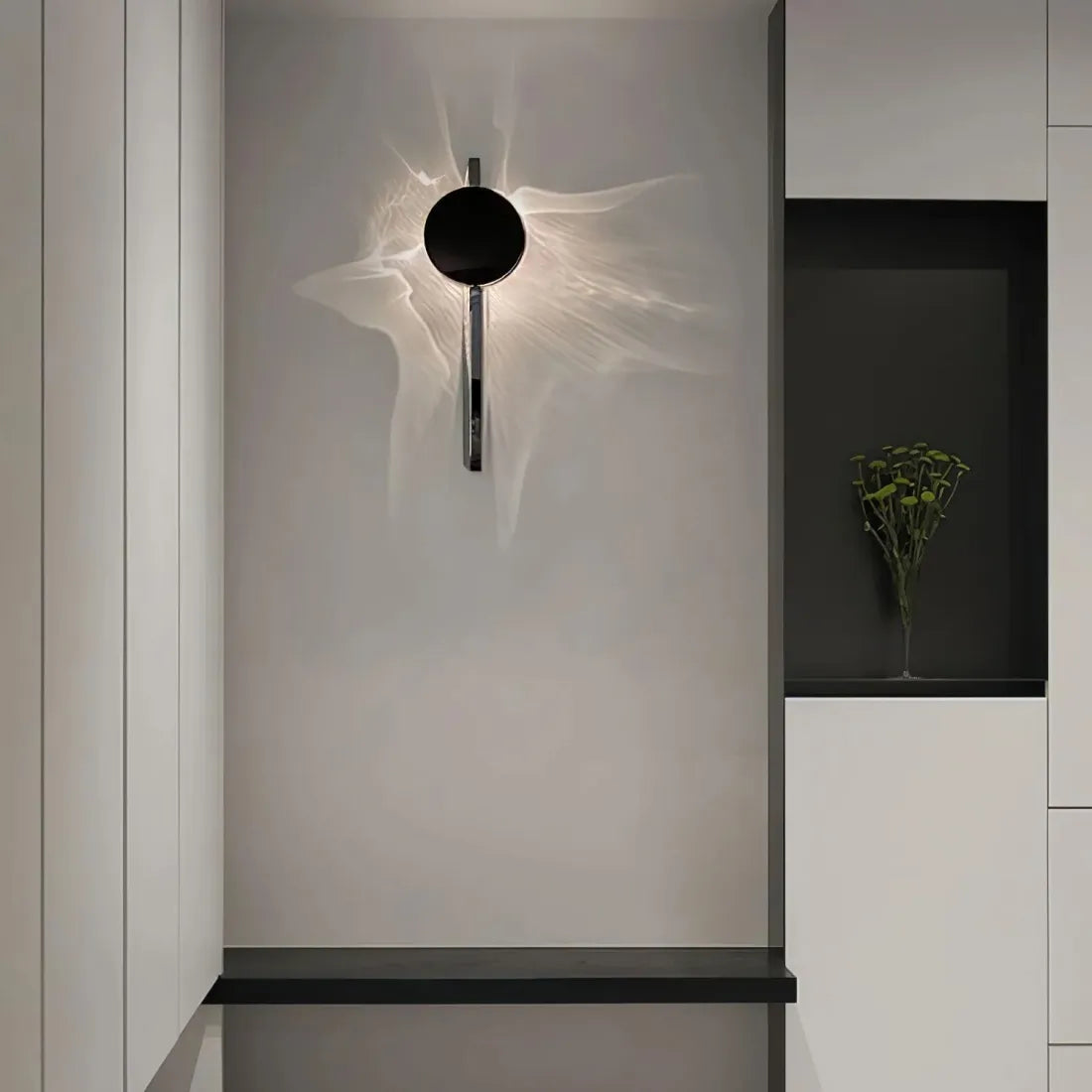 Black LED Wall Light with Circular Discs – Minimalist Bedroom Sconce – Warm Ambient