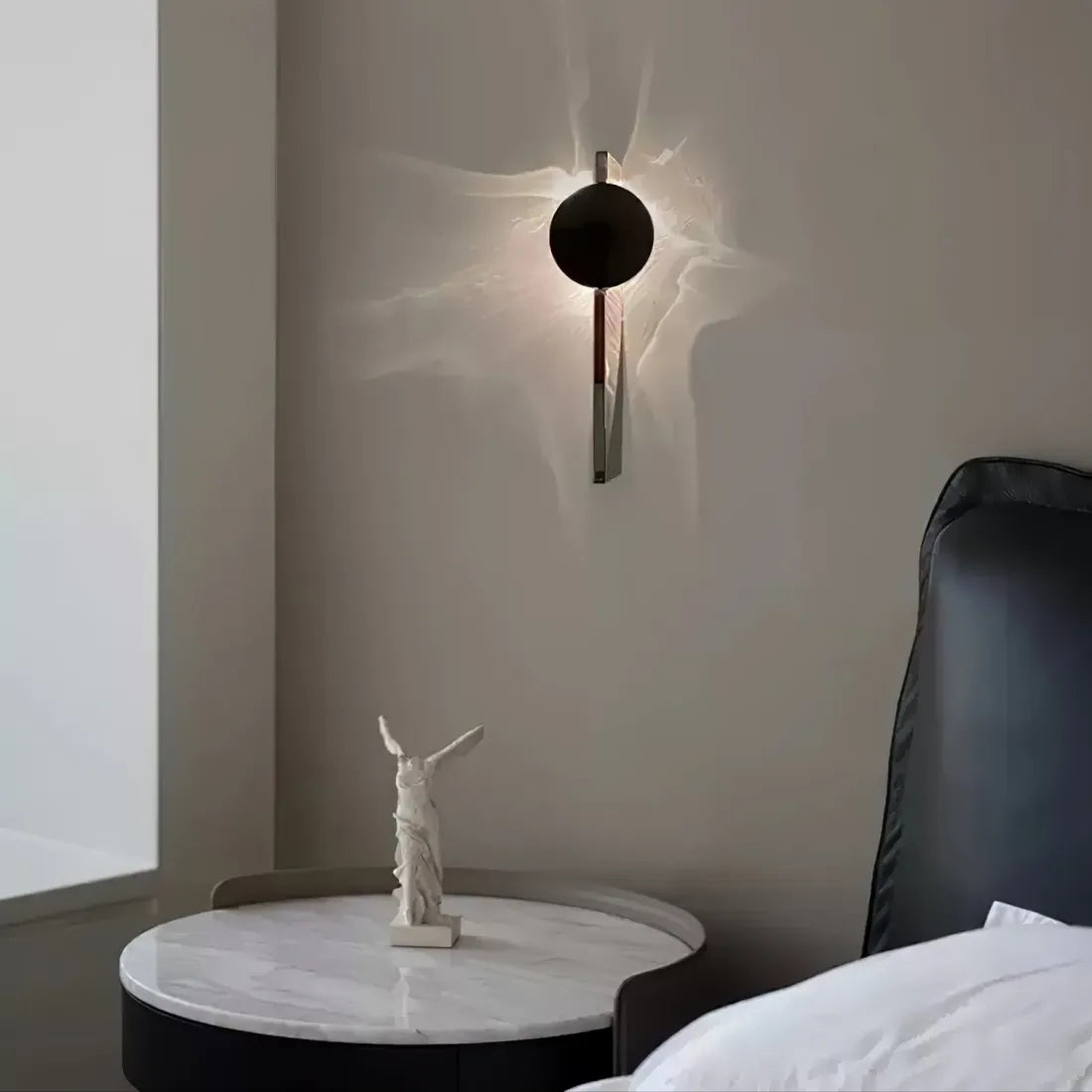 Black LED Wall Light with Circular Discs – Minimalist Bedroom Sconce – Warm Ambient