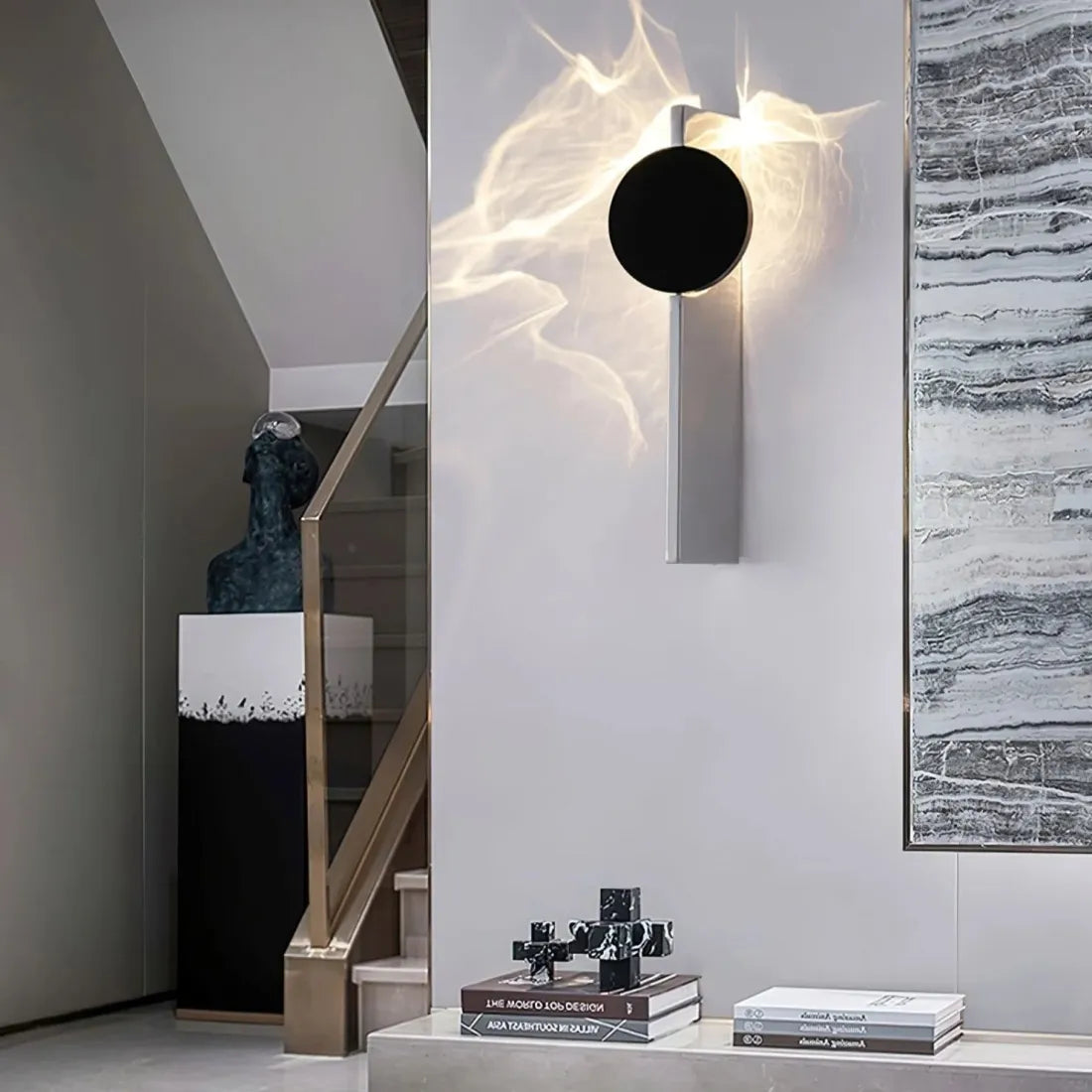 Black LED Wall Light with Circular Discs – Minimalist Bedroom Sconce – Warm Ambient