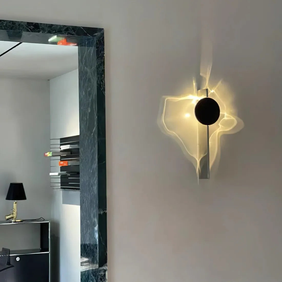 Black LED Wall Light with Circular Discs – Minimalist Bedroom Sconce – Warm Ambient