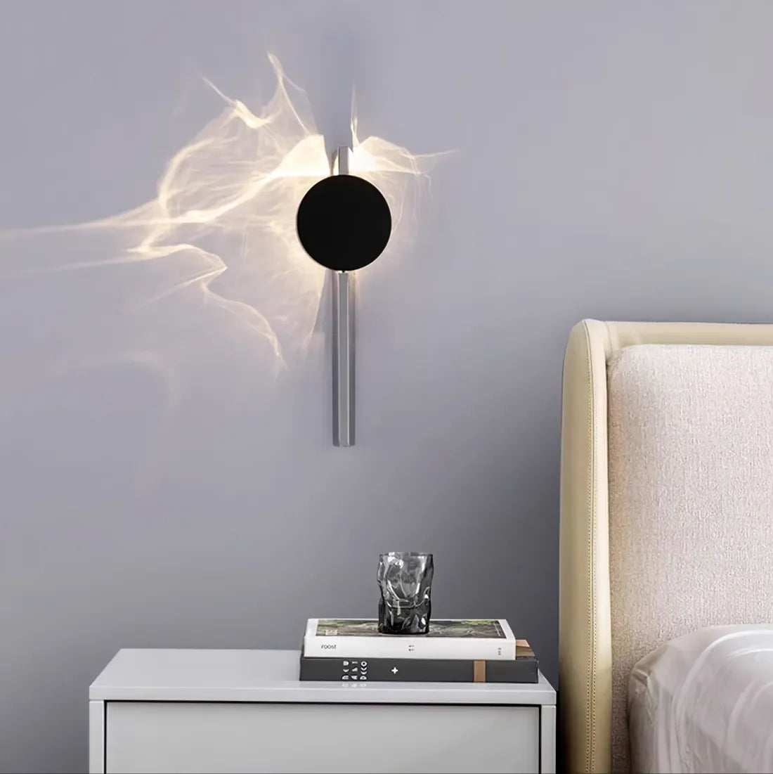 Black LED Wall Light with Circular Discs – Minimalist Bedroom Sconce – Warm Ambient